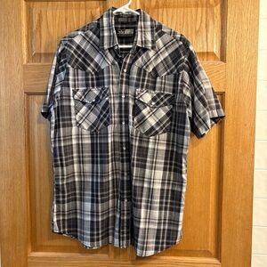Canyon Guide Western Shirt Mens L Large Gray Black Plaid Short Sleeve Pearl Snap